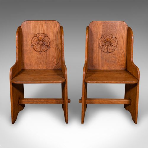fig 1. Pair of Antique Hall Chairs, English, Oak, Country House Seat, Side, Edwardian