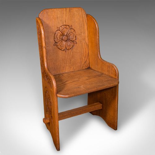 fig 2. Pair of Antique Hall Chairs, English, Oak, Country House Seat, Side, Edwardian