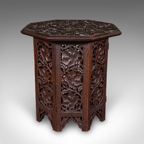 fig 1. Small Antique Campaign Tea Table, Anglo-Indian, Relief Carved Teak, Victorian