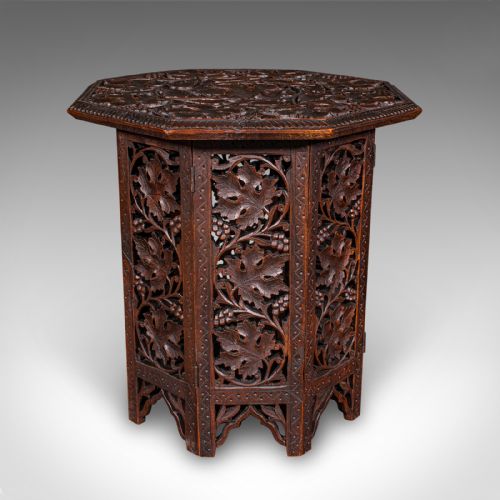fig 2. Small Antique Campaign Tea Table, Anglo-Indian, Relief Carved Teak, Victorian