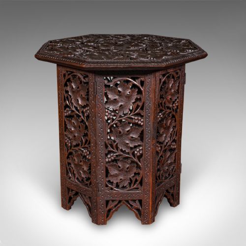 fig 3. Small Antique Campaign Tea Table, Anglo-Indian, Relief Carved Teak, Victorian