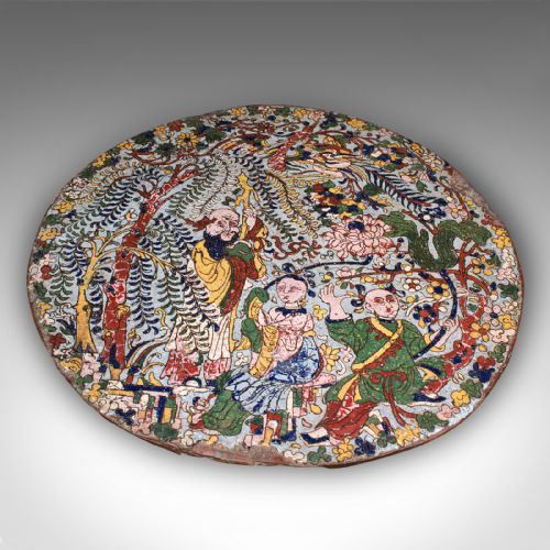 fig 1. A circular Qing dynasty Chinese cloisonne enamel plaque depicting figures and weeping willow trees in polychrome colours.