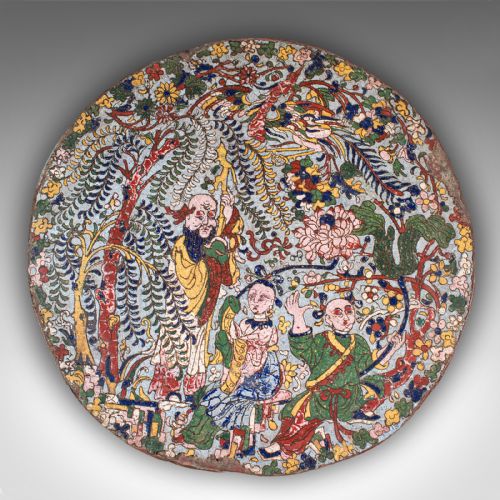 fig 2. A circular Qing dynasty Chinese cloisonne enamel plaque depicting figures and weeping willow trees in polychrome colours.