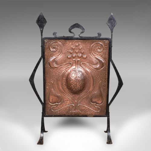 fig 1. Antique Fire Screen, French, Copper, Fireplace Reflector, Art Nouveau, Victorian