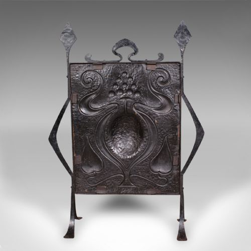 fig 3. Antique Fire Screen, French, Copper, Fireplace Reflector, Art Nouveau, Victorian