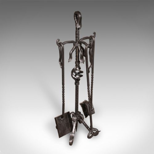 Tall Antique Fireside Companion, English, Wrought Iron, Fire Tool Set, Edwardian