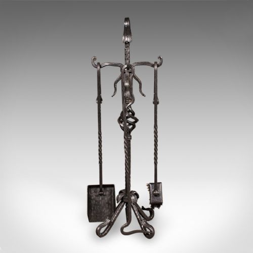 fig 1. Tall Antique Fireside Companion, English, Wrought Iron, Fire Tool Set, Edwardian