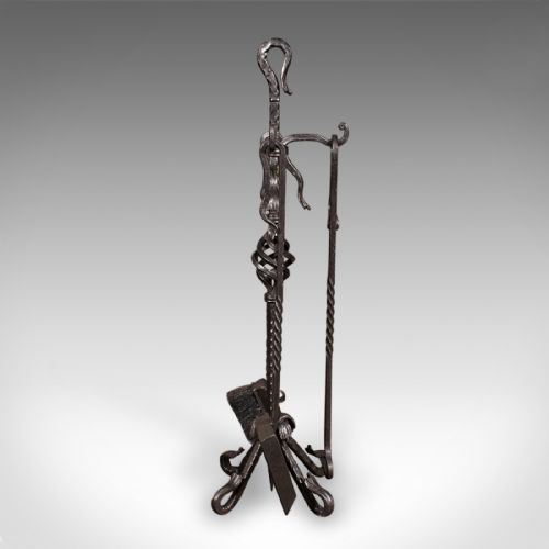 fig 2. Tall Antique Fireside Companion, English, Wrought Iron, Fire Tool Set, Edwardian