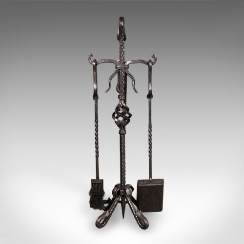 fig 3. Tall Antique Fireside Companion, English, Wrought Iron, Fire Tool Set, Edwardian