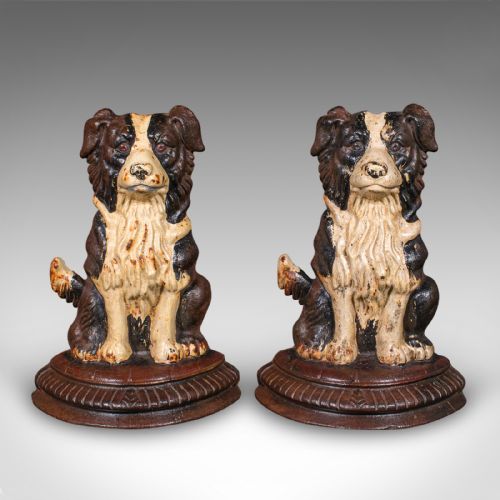 PAIR OF ANTIQUE BORDER COLLIE DOORSTOPS ENGLISH DOG DOOR KEEPERS VICTORIAN - ADDITIONAL PHOTO 1