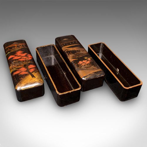 fig 1. Pair of Antique Glove Boxes, Japanese Lacquered Lidded Dishes, Victorian, C.1900
