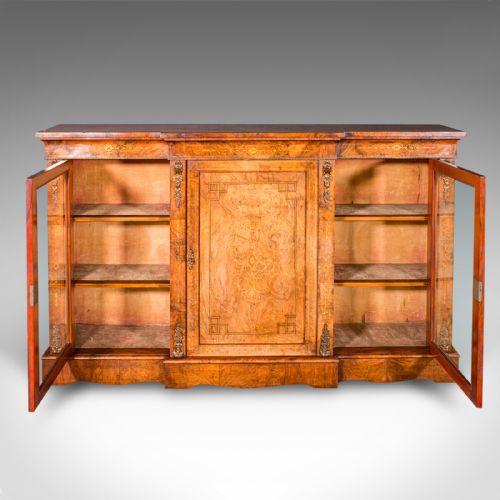 ANTIQUE DISPLAY BOOKCASE ENGLISH WALNUT BREAKFRONT LIBRARY CABINET REGENCY - ADDITIONAL PHOTO 4
