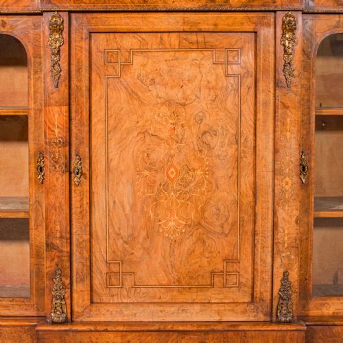 ANTIQUE DISPLAY BOOKCASE ENGLISH WALNUT BREAKFRONT LIBRARY CABINET REGENCY - ADDITIONAL PHOTO 9