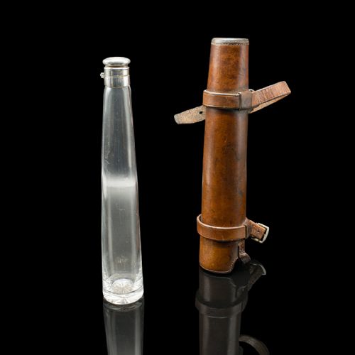 ANTIQUE EXPLORER'S SADDLE FLASK ENGLISH GLASS BOTTLE LEATHER CASE EDWARDIAN - ADDITIONAL PHOTO 1