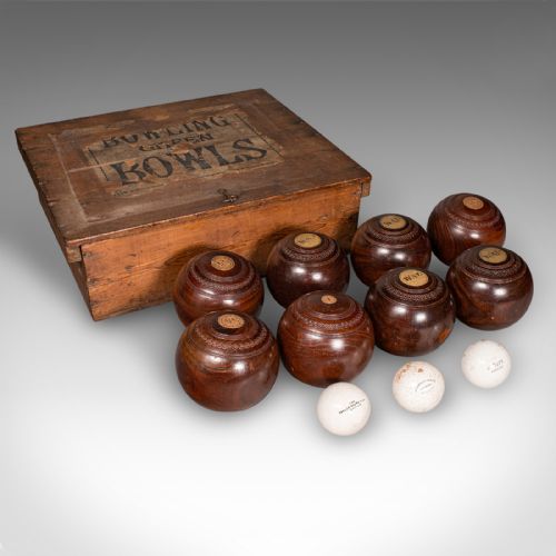 ANTIQUE LAWN BOWLS SET ENGLISH WOODS CERAMIC JACKS GARDEN GAME EDWARDIAN - ADDITIONAL PHOTO 1