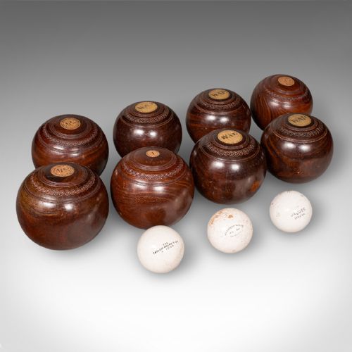 ANTIQUE LAWN BOWLS SET ENGLISH WOODS CERAMIC JACKS GARDEN GAME EDWARDIAN - ADDITIONAL PHOTO 2
