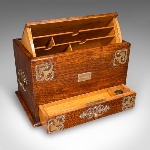 fig 1. Antique Metamorphic Stationery Case, English Oak Rotating Writing Box, Edwardian