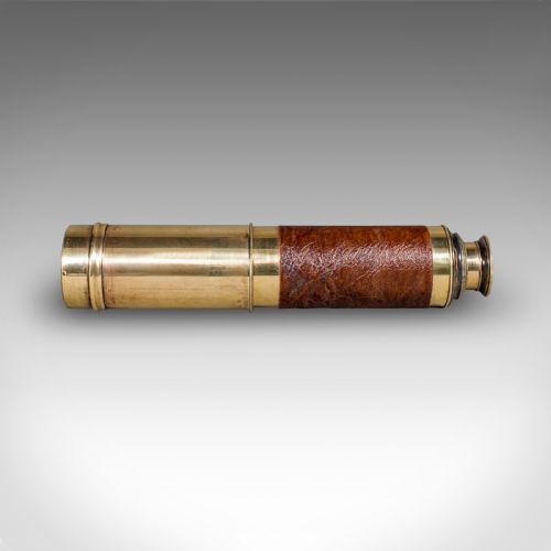 fig 3. Large Antique 3 Draw Telescope, English Brass, Leather Spyglass, Victorian, 1860