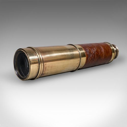 fig 4. Large Antique 3 Draw Telescope, English Brass, Leather Spyglass, Victorian, 1860