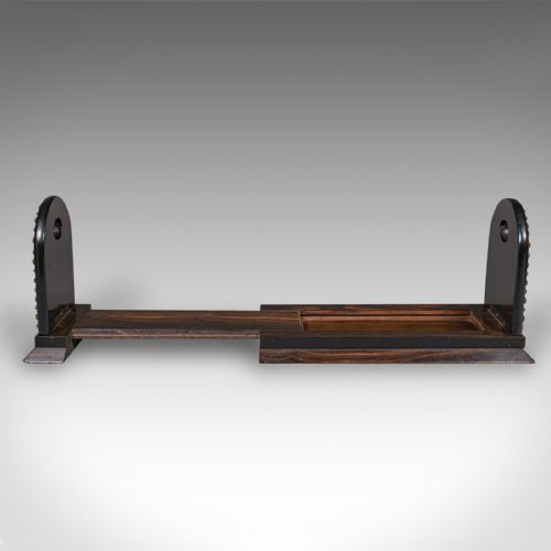 fig 4. An antique Regency coromandel wood extending book slide featuring mother-of-pearl inlay and brass stud detailing on folding arched ends.