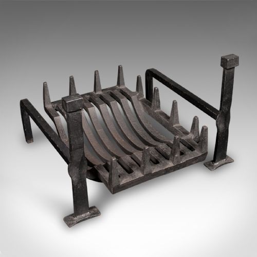 fig 1. Antique Fireplace Set, English, Iron, Fire Basket, Pair of Andirons, Edwardian
