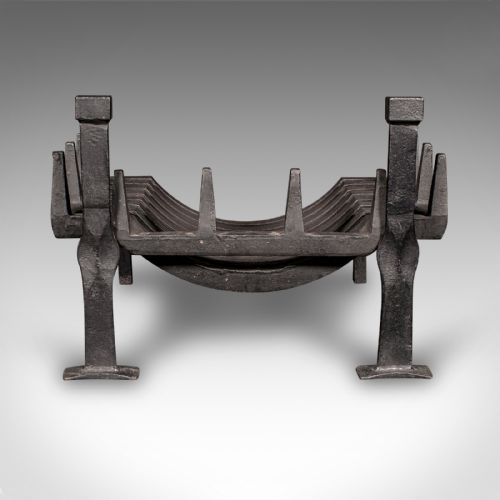 fig 2. Antique Fireplace Set, English, Iron, Fire Basket, Pair of Andirons, Edwardian