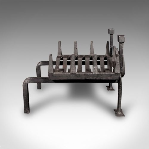 fig 3. Antique Fireplace Set, English, Iron, Fire Basket, Pair of Andirons, Edwardian