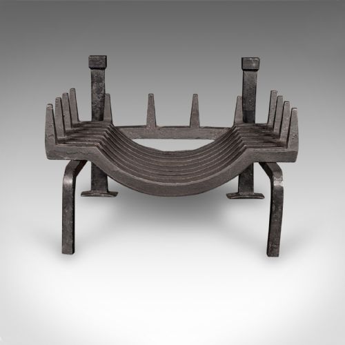 fig 4. Antique Fireplace Set, English, Iron, Fire Basket, Pair of Andirons, Edwardian
