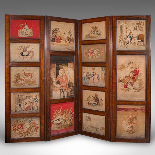 LARGE ANTIQUE 4PANEL PRIVACY SCREEN ENGLISH ROOM DIVIDER NEEDLEPOINT REGENCY - ADDITIONAL PHOTO 1