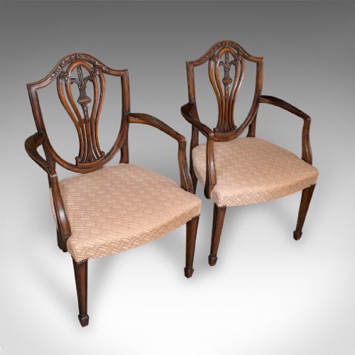 fig 1. Set of 12 Antique Dining Chairs, English, Carver, Seat, Hepplewhite, Edwardian