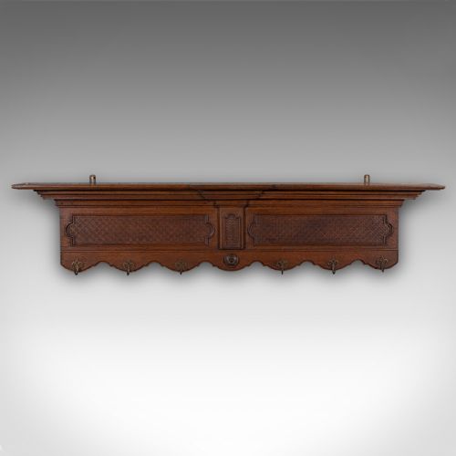 fig 1. 6 Hook Antique Reception Hall Coat Rack, English Oak, Cloakroom Valet, Edwardian