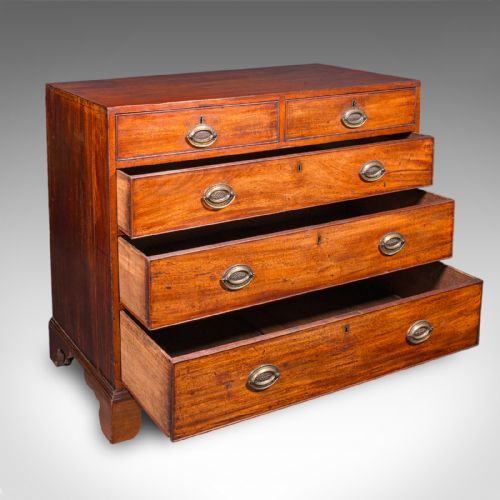 fig 1. A late 18th-century Georgian mahogany chest of drawers featuring two short drawers above three long drawers with oval brass handles on bracket feet.