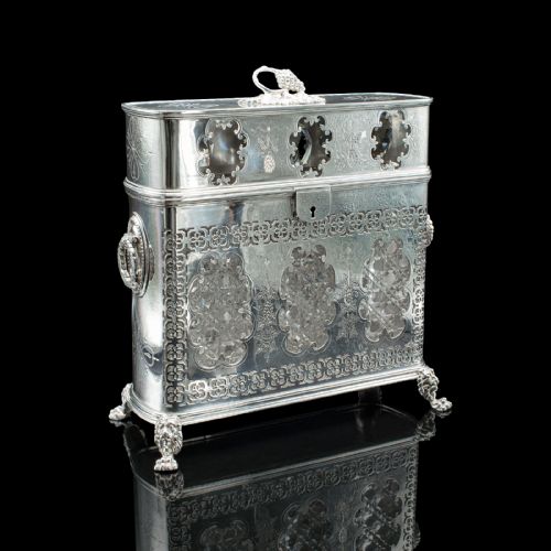 fig 1. Antique Tantalus, English, Silver Plated, Three Decanter Set, Edwardian, C.1910
