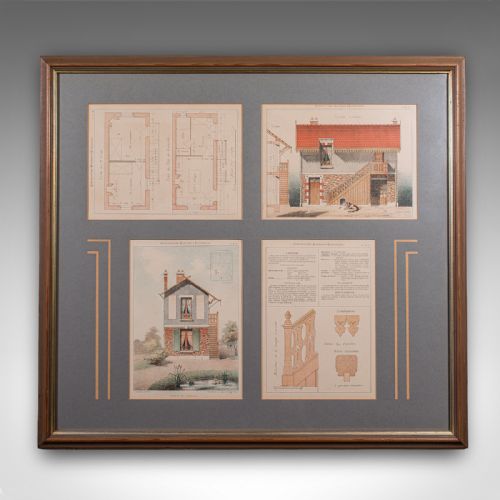 fig 1. Four antique French architectural lithographs set within a dark grey mount board and framed in a brown wooden moulding.