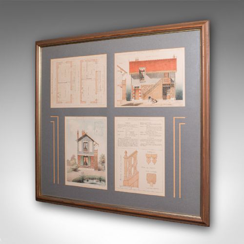fig 2. Four antique French architectural lithographs set within a dark grey mount board and framed in a brown wooden moulding.