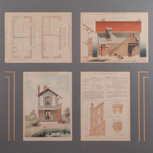 fig 3. Four antique French architectural lithographs set within a dark grey mount board and framed in a brown wooden moulding.