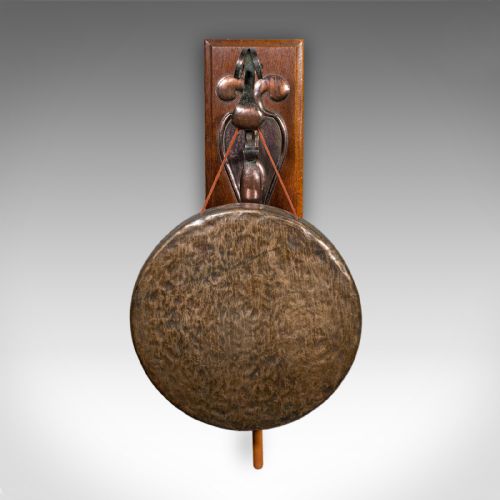 fig 2. Antique Wall Gong, English, Oak, Bronze, Dinner Chime, Art Nouveau, Victorian