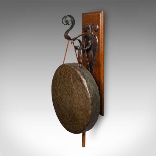 fig 3. Antique Wall Gong, English, Oak, Bronze, Dinner Chime, Art Nouveau, Victorian