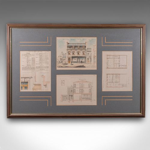 fig 1. A large dark grey framed mount displaying four antique French architectural lithographs showing building elevations and structural floor plans.