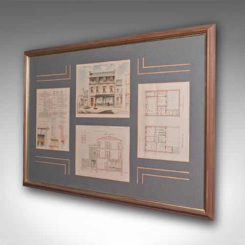 fig 2. A large dark grey framed mount displaying four antique French architectural lithographs showing building elevations and structural floor plans.