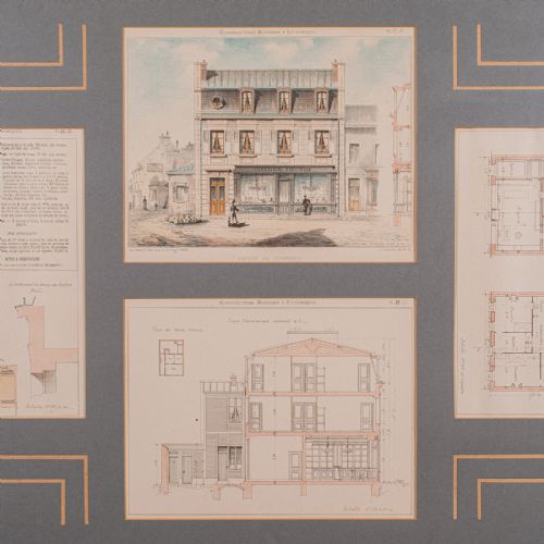 fig 3. A large dark grey framed mount displaying four antique French architectural lithographs showing building elevations and structural floor plans.