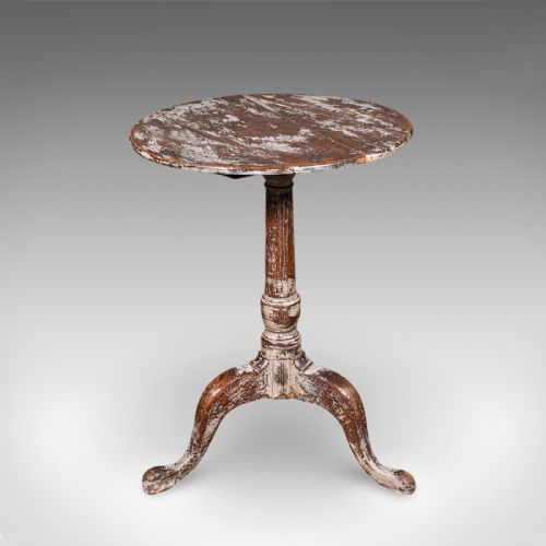 fig 1. A Georgian period circular oak pedestal side table featuring a turned central column, tripod cabriole legs, and a distressed white painted finish.