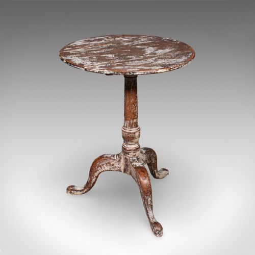 fig 2. A Georgian period circular oak pedestal side table featuring a turned central column, tripod cabriole legs, and a distressed white painted finish.