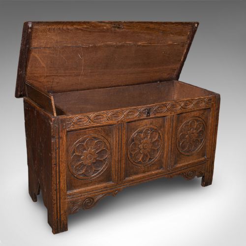 ANTIQUE LINEN CHEST ENGLISH CARVED OAK COFFER BAY WINDOW SEAT WILLIAM III - ADDITIONAL PHOTO 1