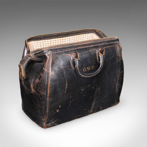 fig 1. Antique Railway Director's Gladstone Bag, English Leather Portmanteau, GWR, 1920