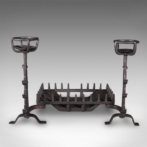 ANTIQUE FIREPLACE SET ENGLISH CAST IRON FIRE BASKET MULLING ANDIRON GEORGIAN - ADDITIONAL PHOTO 1