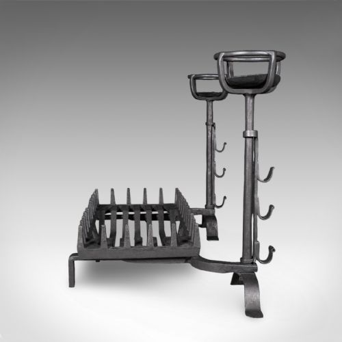 ANTIQUE FIREPLACE SET ENGLISH CAST IRON FIRE BASKET MULLING ANDIRON GEORGIAN - ADDITIONAL PHOTO 2