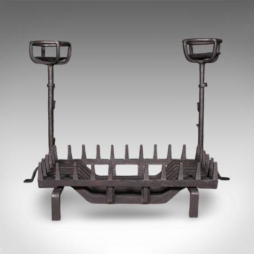 ANTIQUE FIREPLACE SET ENGLISH CAST IRON FIRE BASKET MULLING ANDIRON GEORGIAN - ADDITIONAL PHOTO 3