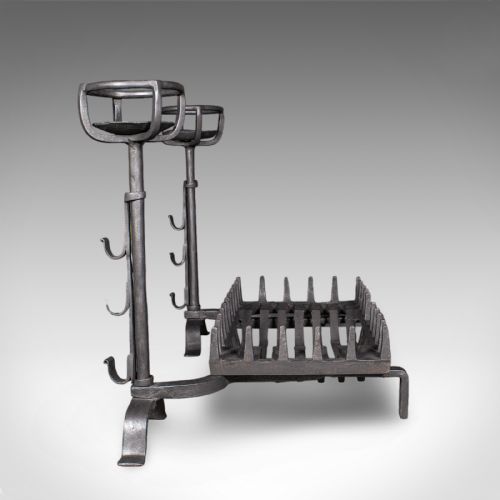 ANTIQUE FIREPLACE SET ENGLISH CAST IRON FIRE BASKET MULLING ANDIRON GEORGIAN - ADDITIONAL PHOTO 4