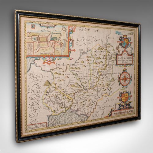 Antique Carmarthenshire County Map, Framed Wales Cartography, John Speed, C.1662